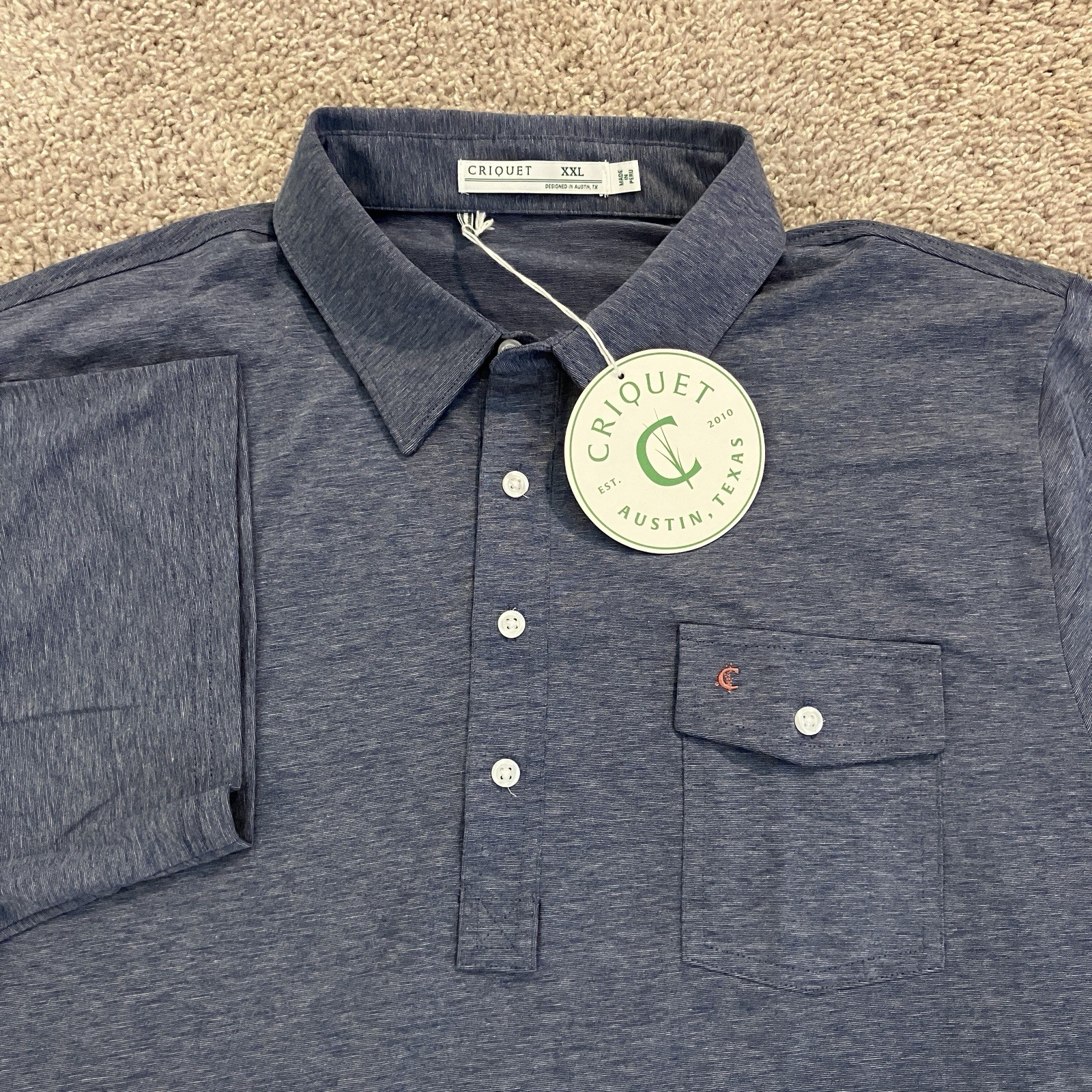 NEW Criquet Men’s Performance Players Polo Shirt Heather Blue Men’s Size XXL 2XL
