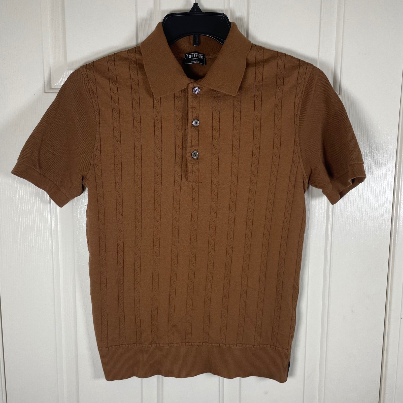 Todd Snyder Men XS Copper Brown Cable Knit Cotton Sweater Polo Shirt Tipped Rib