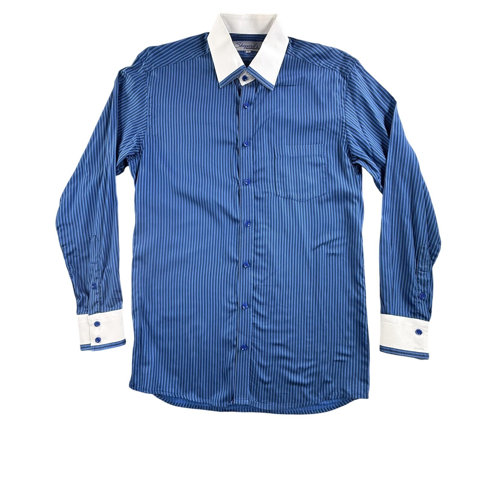 Shepards Dress Shirt Mens 16 Blue Stripe Contrast Collar Cuff Classic Fit Large
