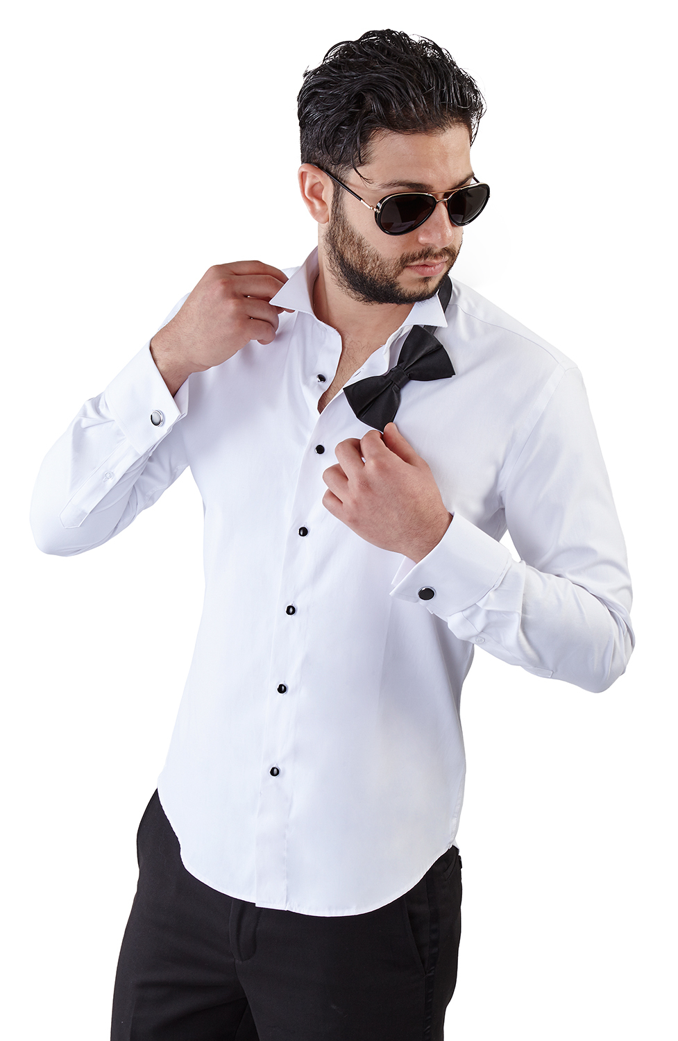 Men No Tag White Wing Tip Tuxedo Dress Shirt Slim Fit Bow Cufflinks Studs AZAR
