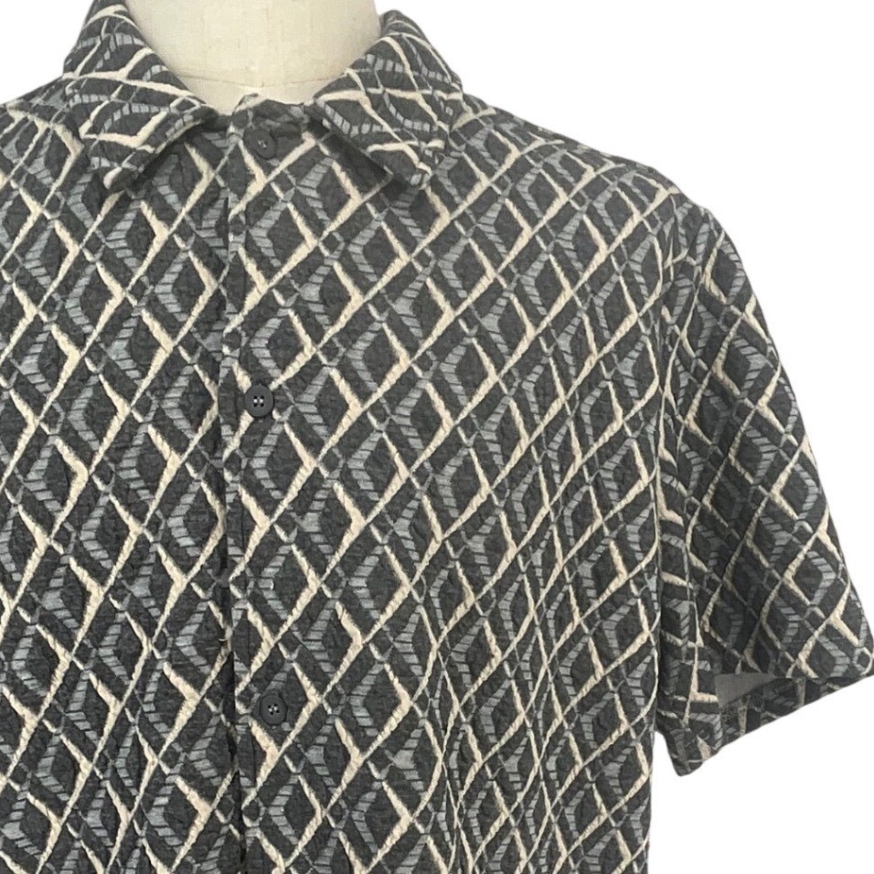 Fleece Factory Mens XL Grey Geometric Diamond Knit Short Sl Button Down Shirt
