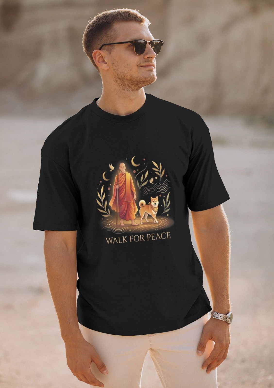 Unisex Cotton T-Shirt Teens Short Sleeve Walk for Peace Monks with Aloka Dog