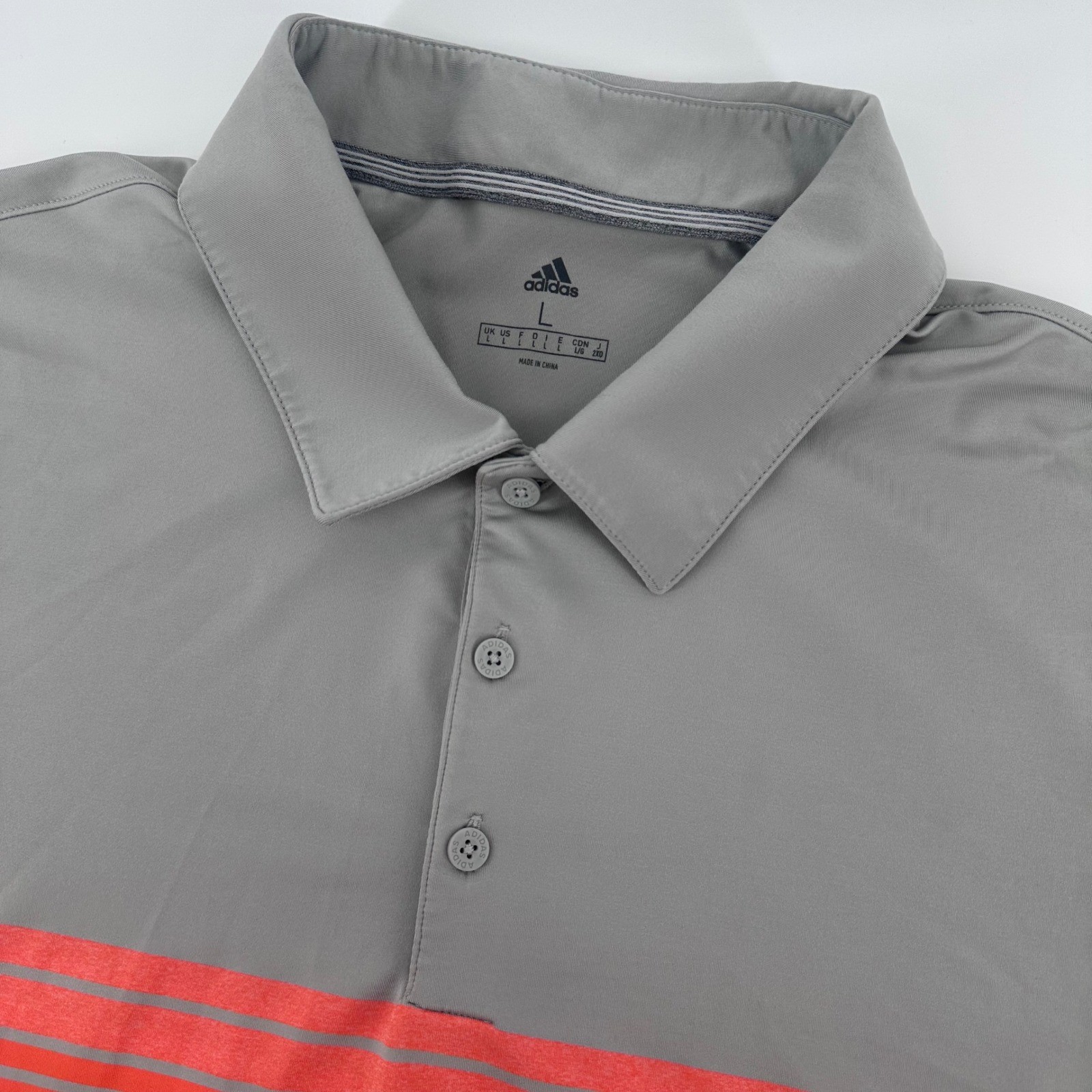 Adidas Polo Shirt Mens Large Gray Orange Striped Short Sleeve Golf Athletic