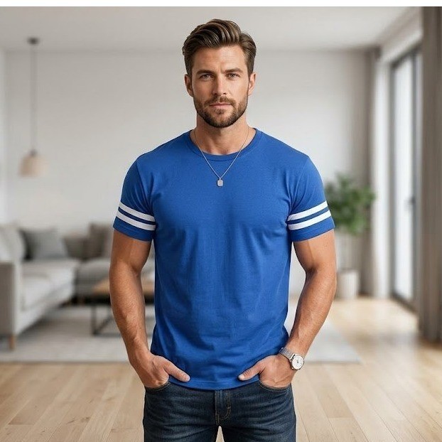 Royal Avalon Sport Mens Blue Striped Sleeve Jersey T-Shirt Cotton Large