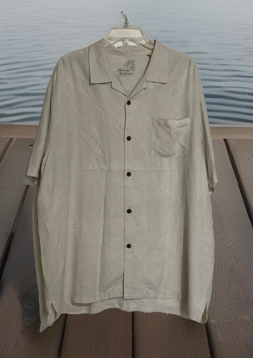 MINT TOMMY BAHAMA 2XL BEIGE TEXTURED PALMS SILK MACHINE WASHABLE HAWAIIAN SHIRT
