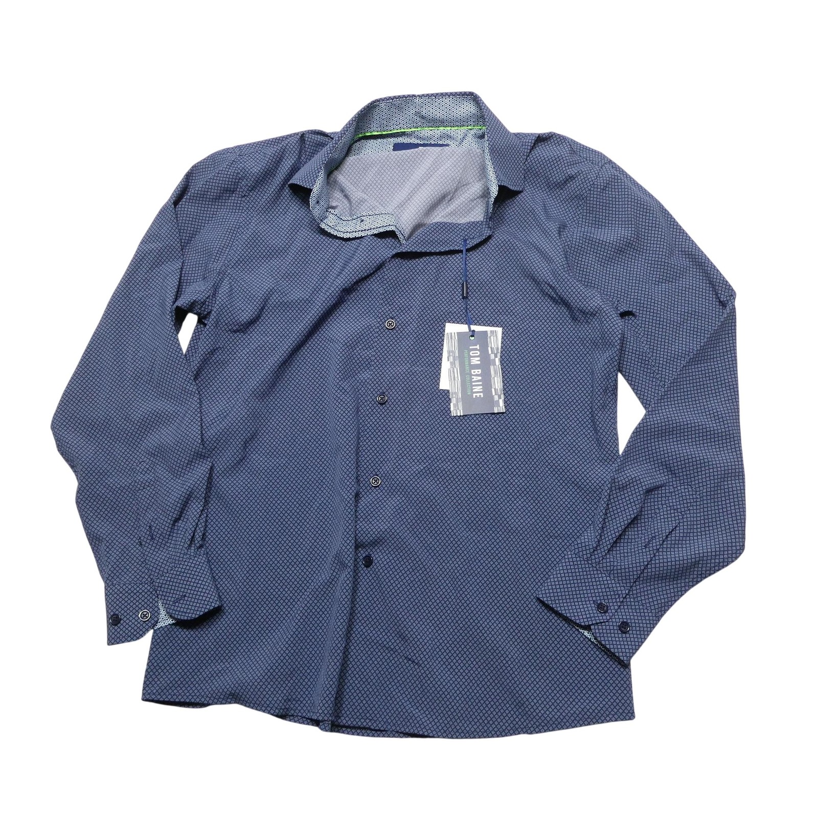 Tom Baine Shirt Mens 16-16.5 L Navy Geometric Slim Fit Stretch Long Sleeve