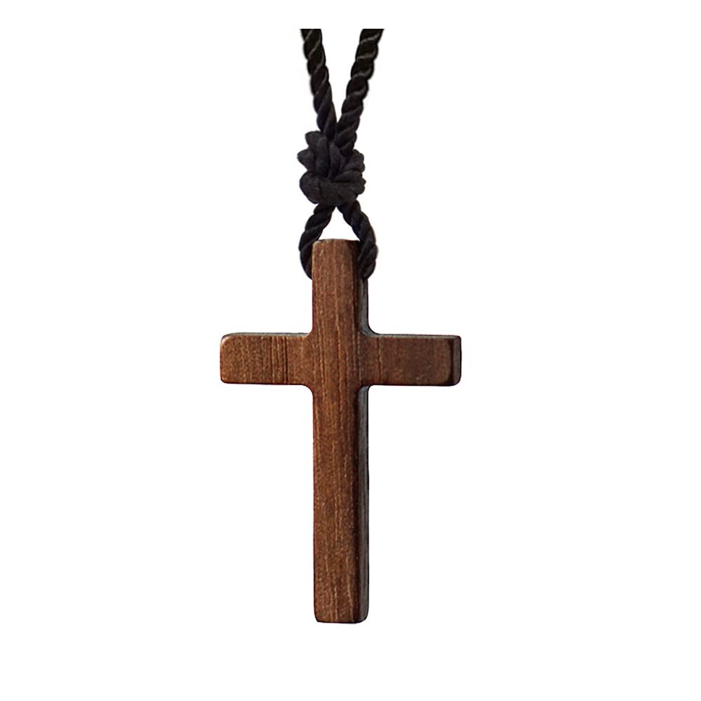 Natural Walnut Wood Cross Pendant Necklace for Men Women Wooden Solid Christi…