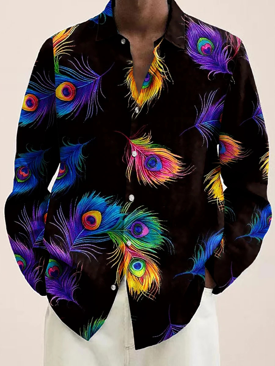 Button Down Shirt Men Peacock Feather Design Luxury Long Sleeve Button Tops