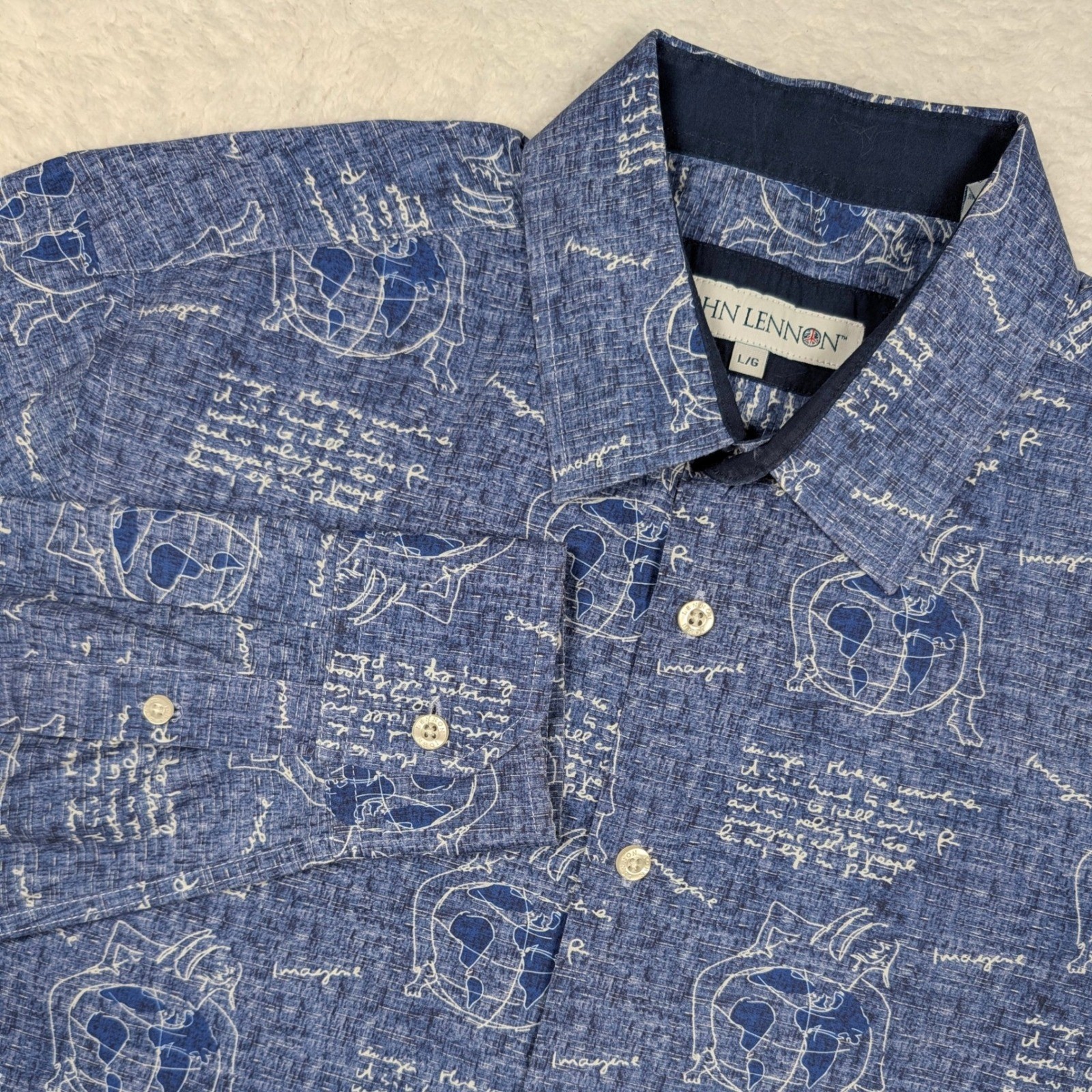 John Lennon Button Down Shirt Mens Large Blue Imagine Lyrics Graphic Long Sleeve