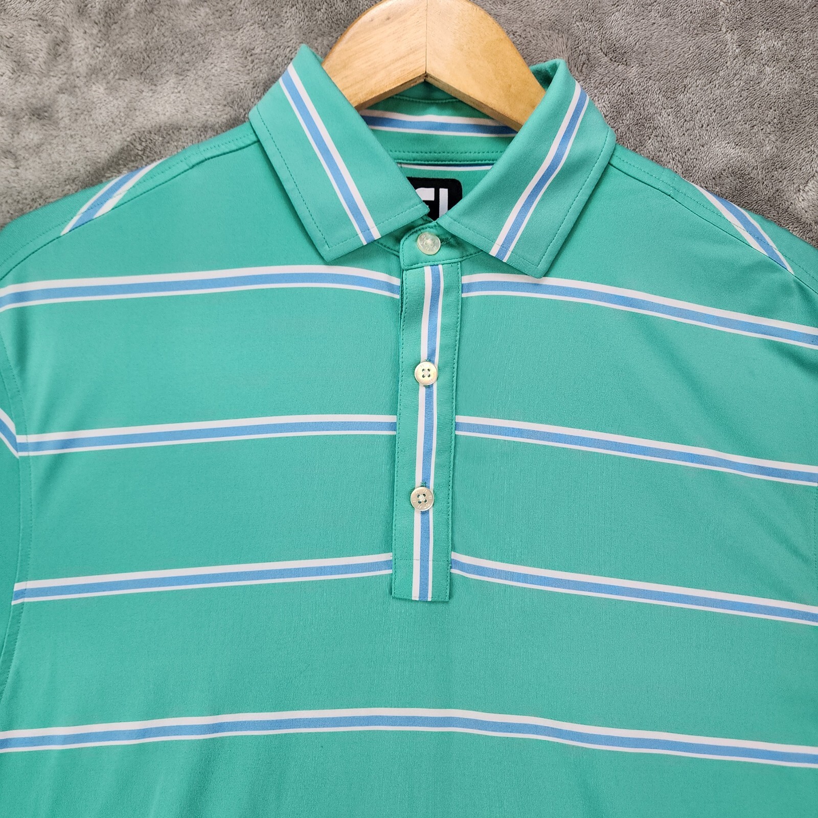 Footjoy Shirt Mens Medium Green Stripe Spread Collar Greystone Golf Polo