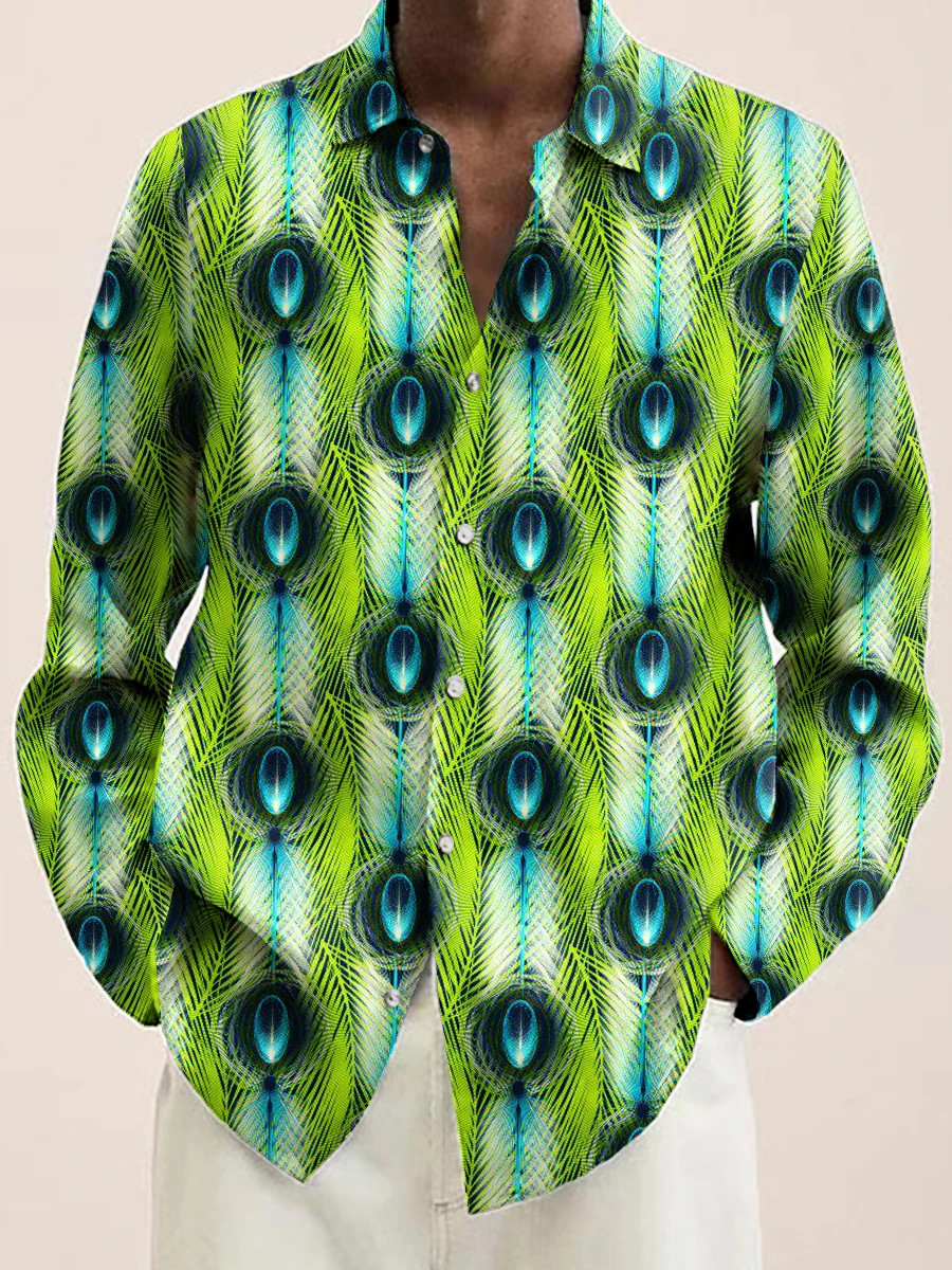 Button Down Shirt Men Peacock Feather Design Luxury Long Sleeve Button Tops