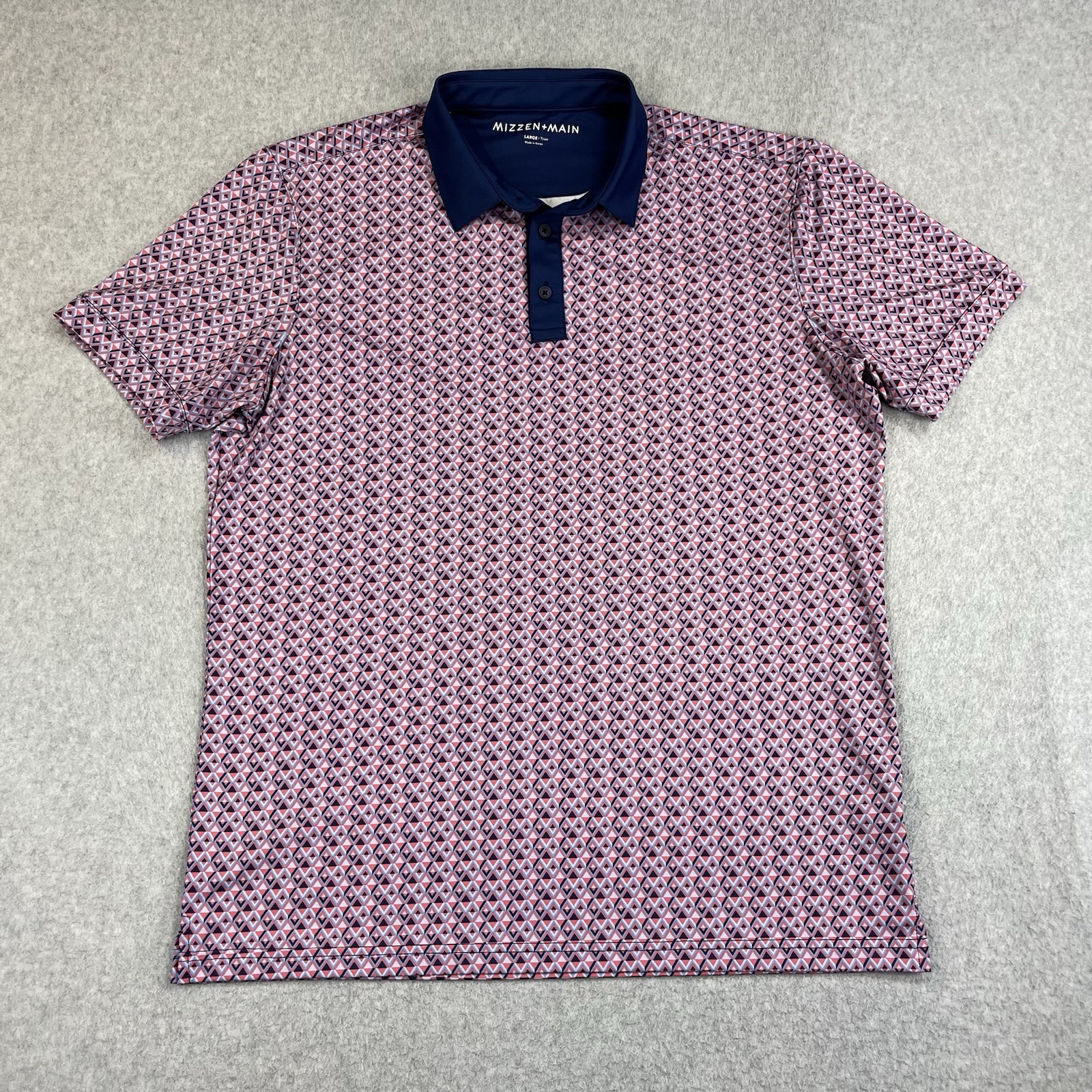 Mizzen+Main Versa Polo Shirt Mens Large Pink Blue Geometric Trim Fit Performance