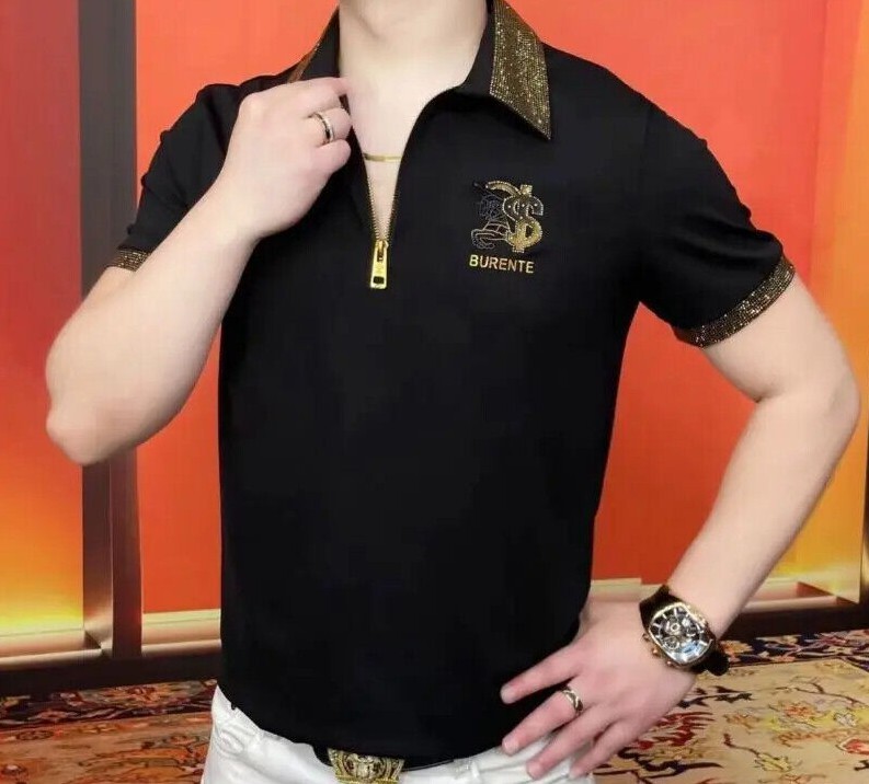 New Men Luxury Diamond Rhinestones Fashion Black Polo T-Shirt High Quality
