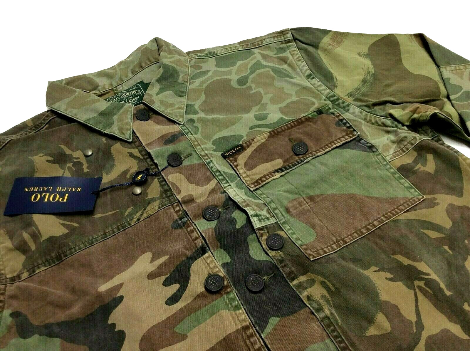 Polo Ralph Lauren Patchwork Military Army Camo Distressed Fatigue Shirt Jacket