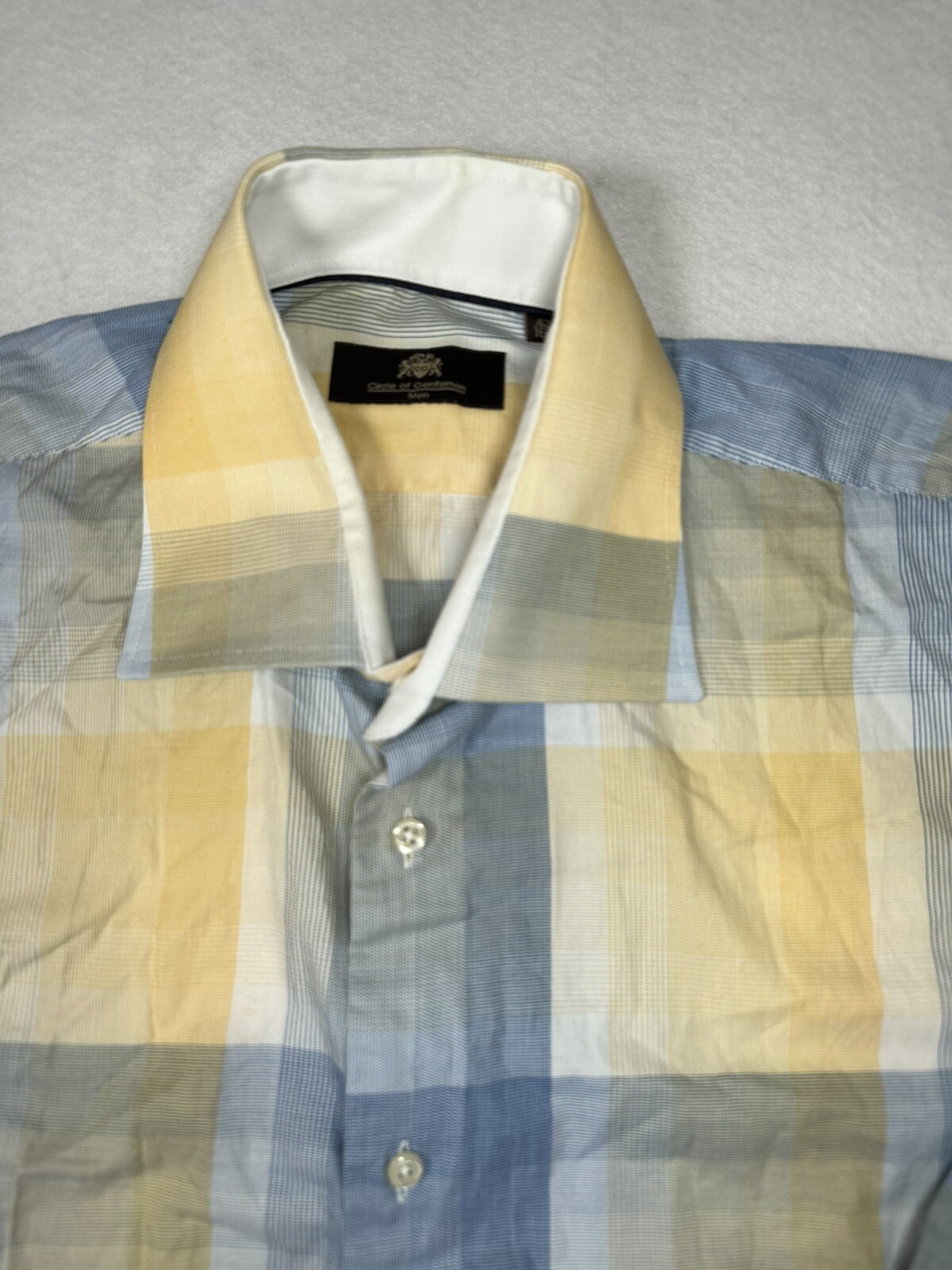 Circle of Gentlemen Mens Dress Shirt Sz 42 (16.5) Yellow-Blue Plaid Long Sleeve