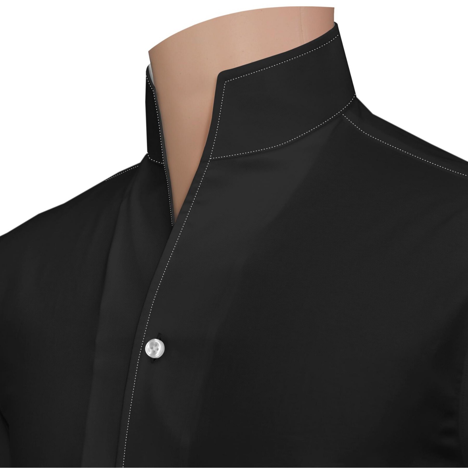 Black Contrast White Stitch High Open Collar Mens Preppy Style 100% Cotton Shirt