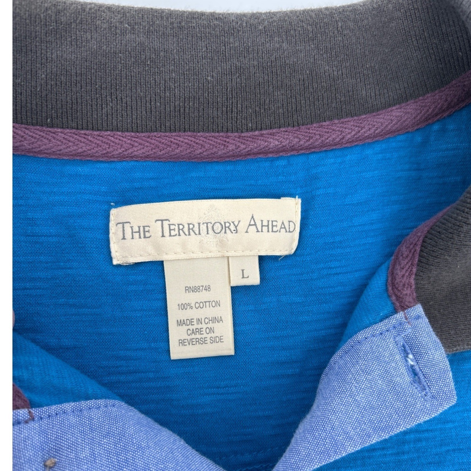 The Territory Ahead Mens Large Cotton Slub Polo Shirt Blue Colorblock Short Slev