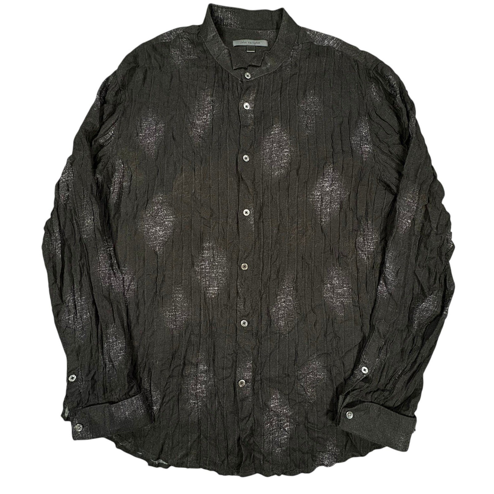 John Varvatos Pleated Crinkle Shirt Mens L Black Band Collar French Cuffs