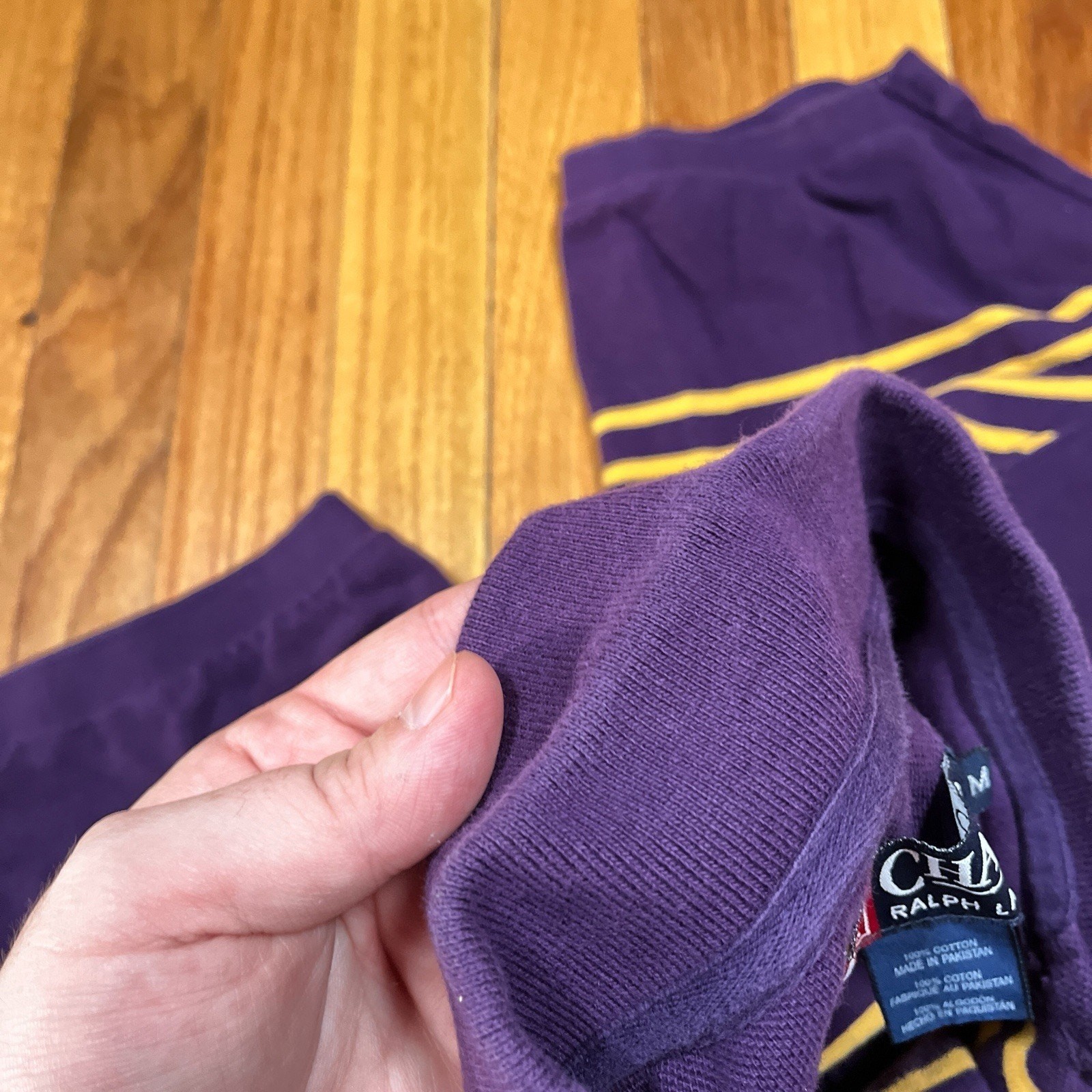Vintage Chaps Ralph Lauren Polo Shirt Sz Medium Purple Yellow LSU Colors Crest