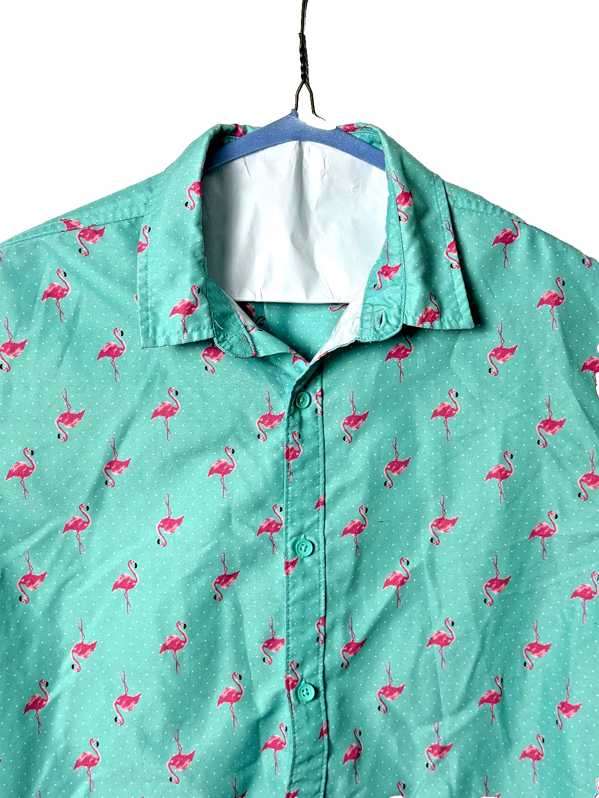 Mens XL Flamingo Print SS Button Up Aqua Party Beach Summer Shirt Hawaiian