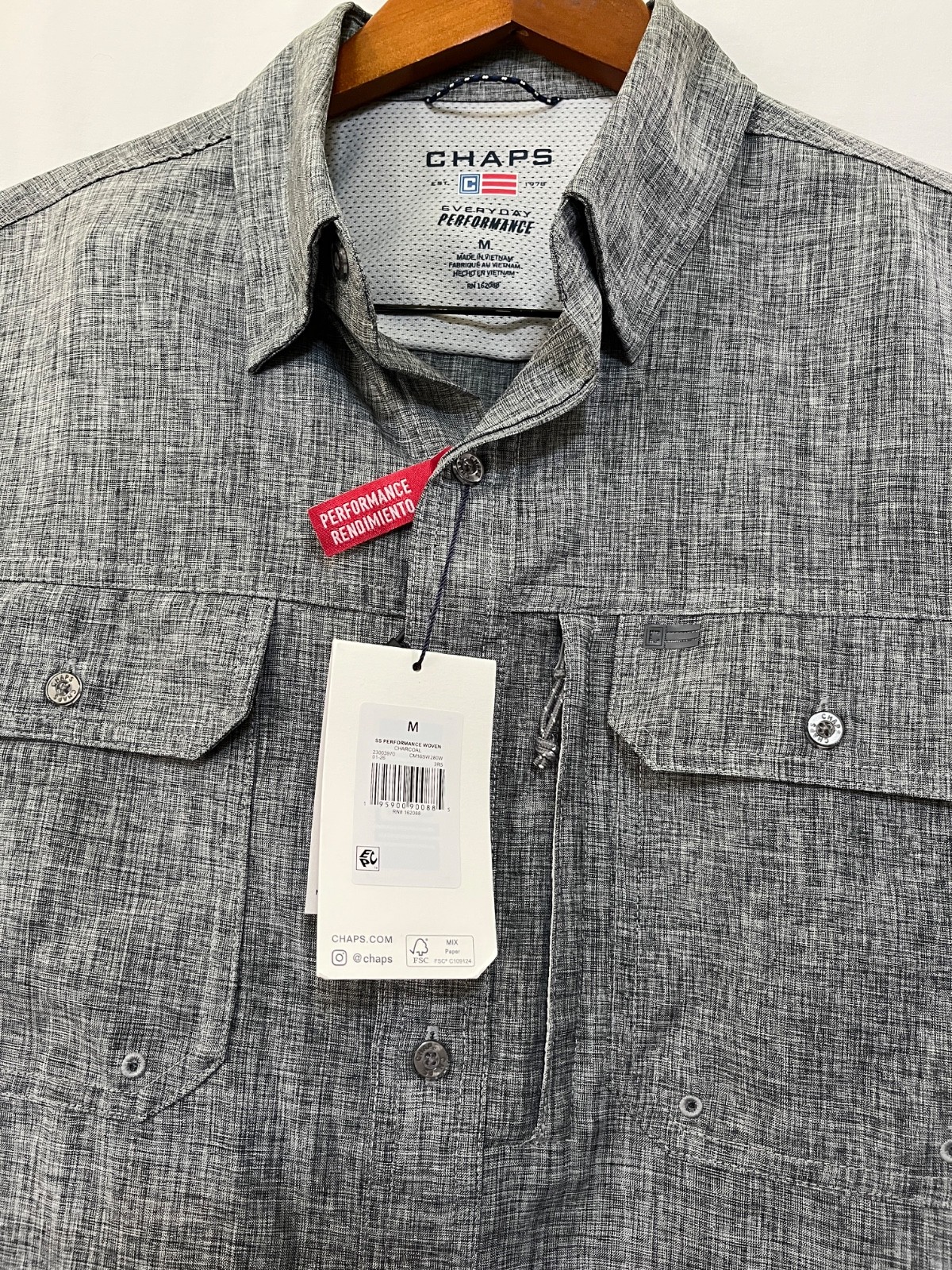 CHAPS Everyday Performance Mens Size M,L Short Sleeve Button Up Gray New