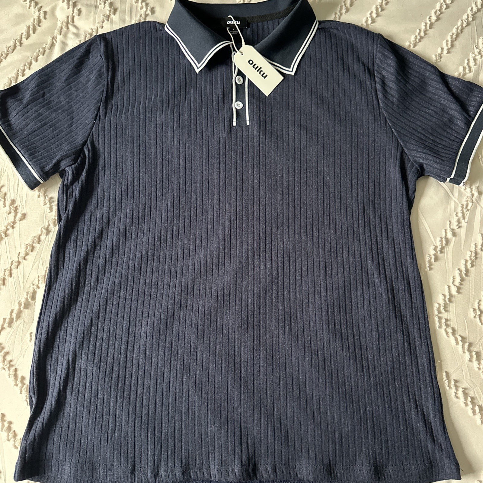 ouku Men’s Polo Shirt Navy White Trim Ribbed LG. light fabric-