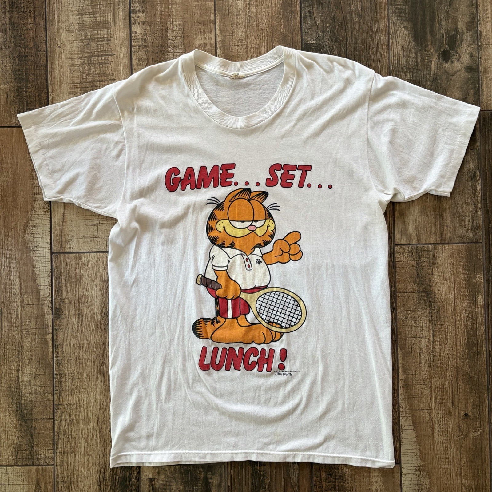 Garfield 1978 Vintage T-Shirt Game Set Lunch White Size XL Made In USA Rare