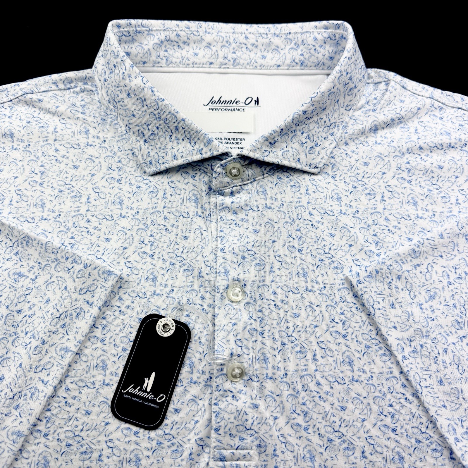Johnnie O Performance Golf Beach Outdoor Print Polo Shirt White Blue XL