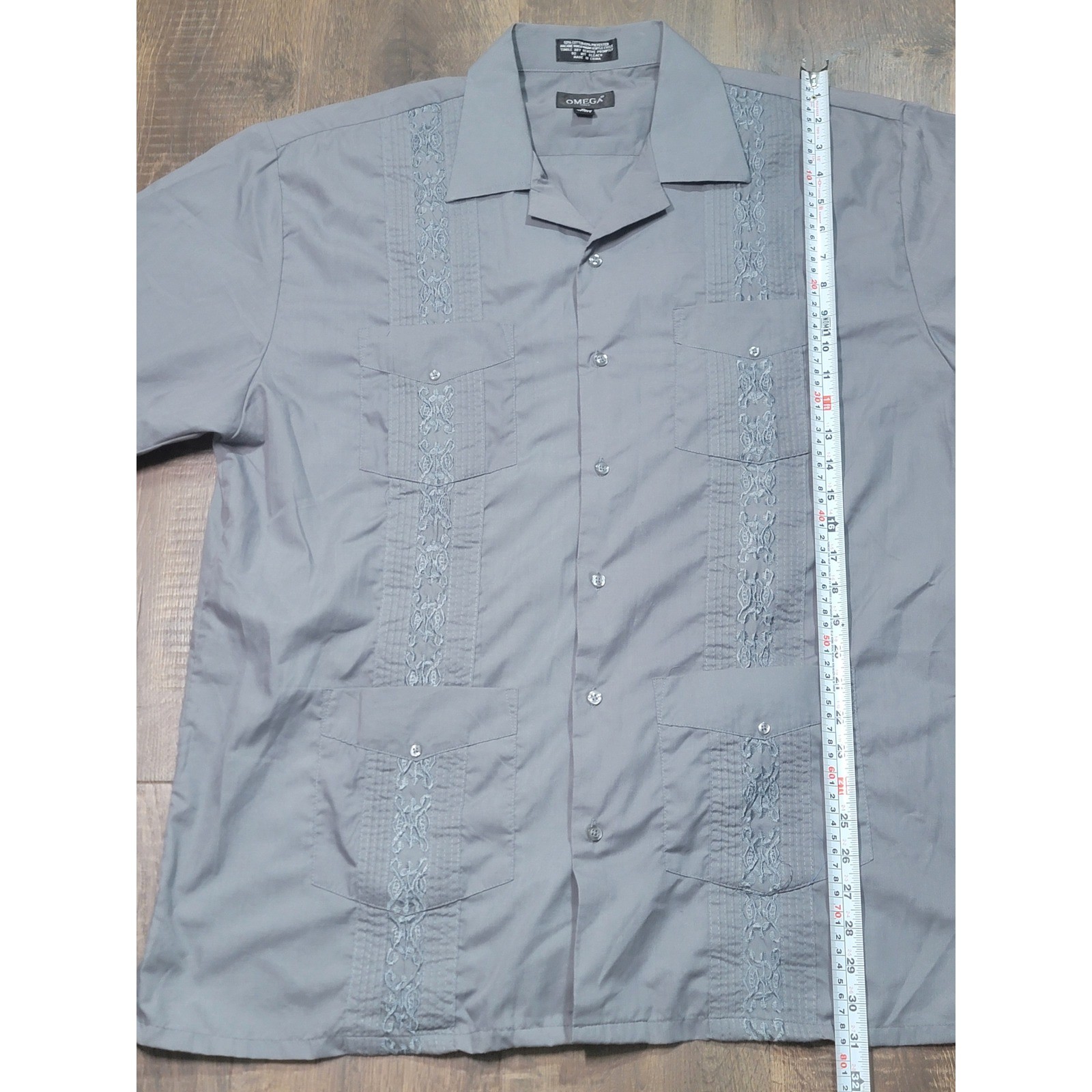 Omega Italy Mens Grey Guayabera Short Sleeve Embroidered 4-Pocket XL 17-17.5