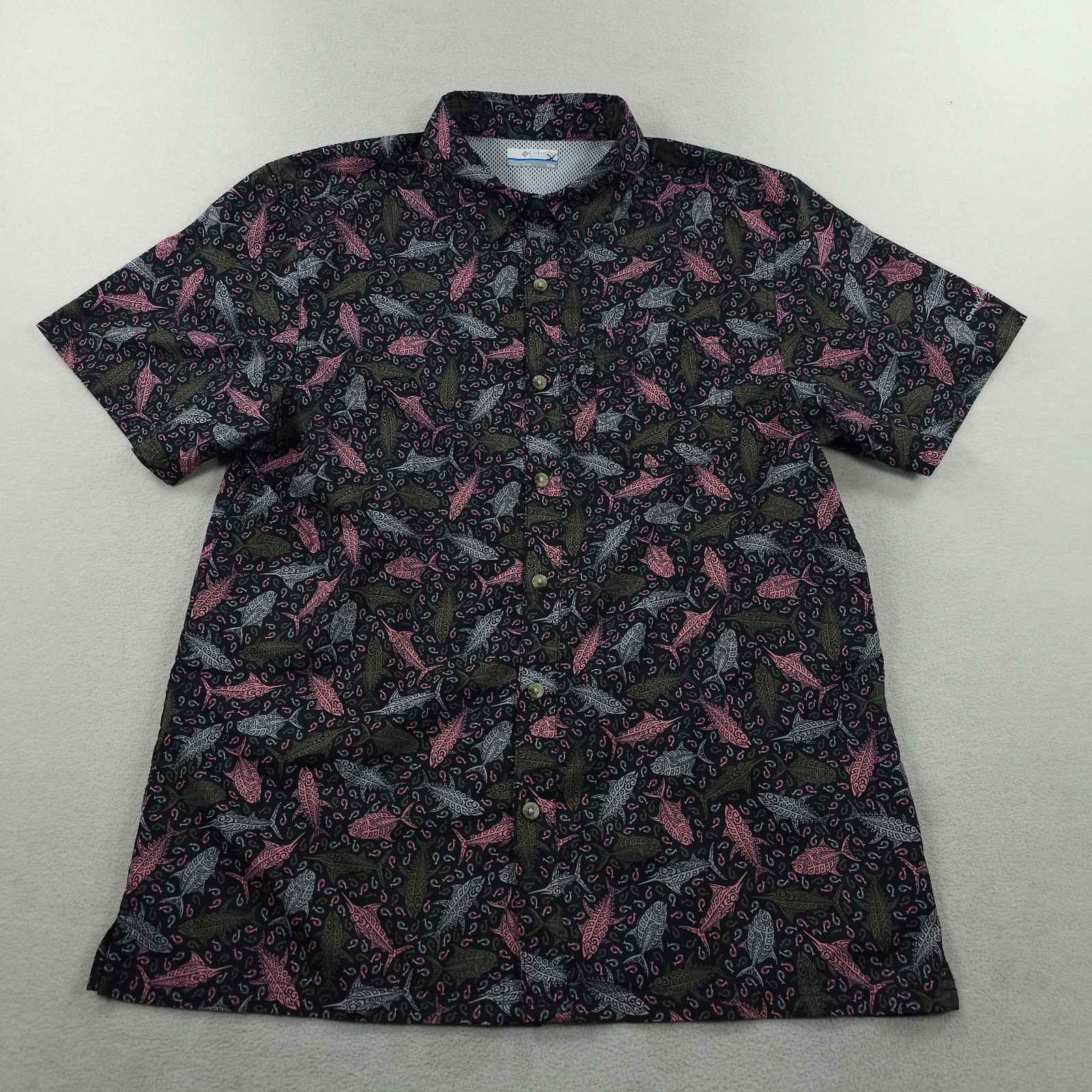 Columbia PFG Slack Tide Camp Shirt Mens Medium Black Samoa Vented Omni Shade