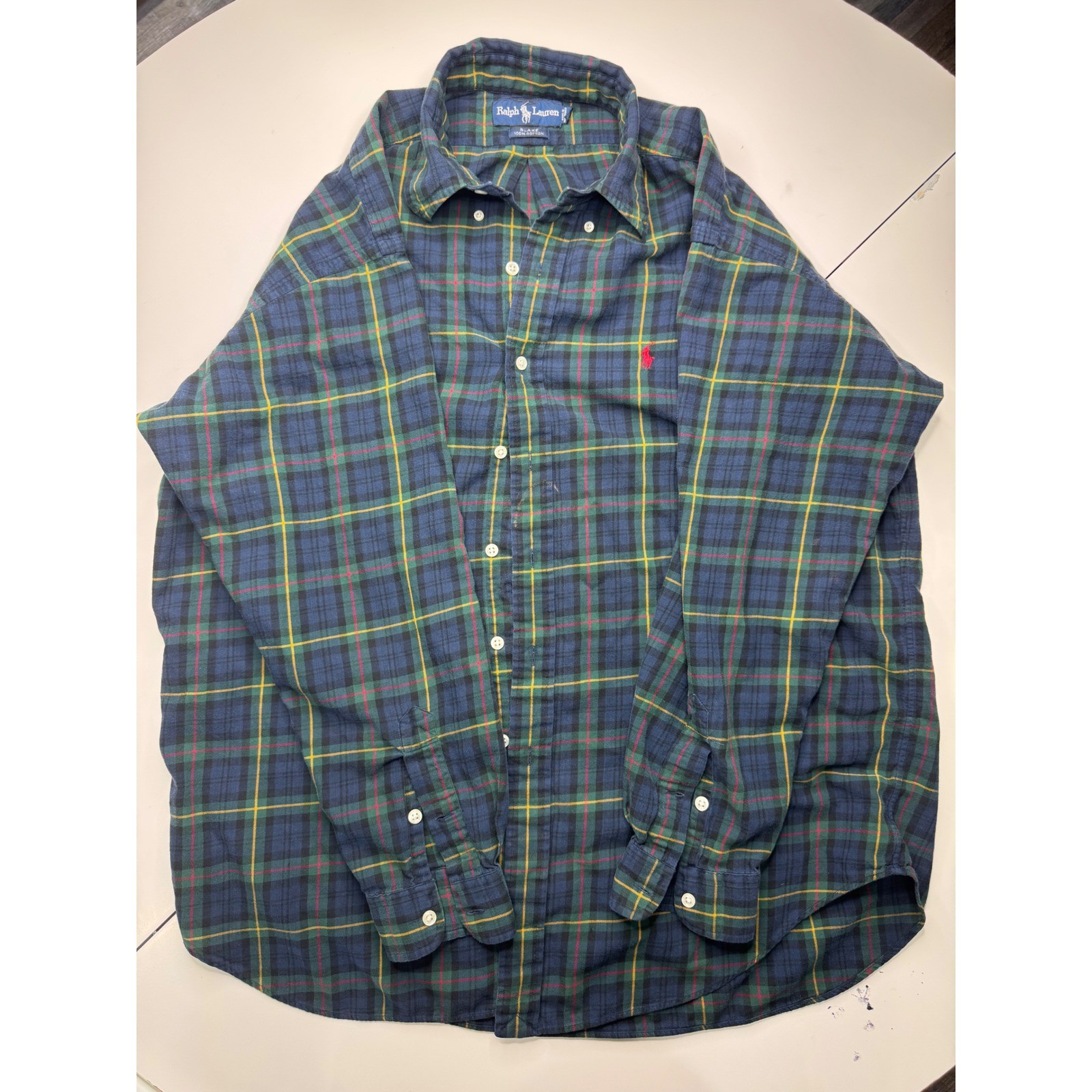 Ralph Lauren Blake Shirt Mens Large Green Blue Plaid Flannel Cotton Long Sleeve
