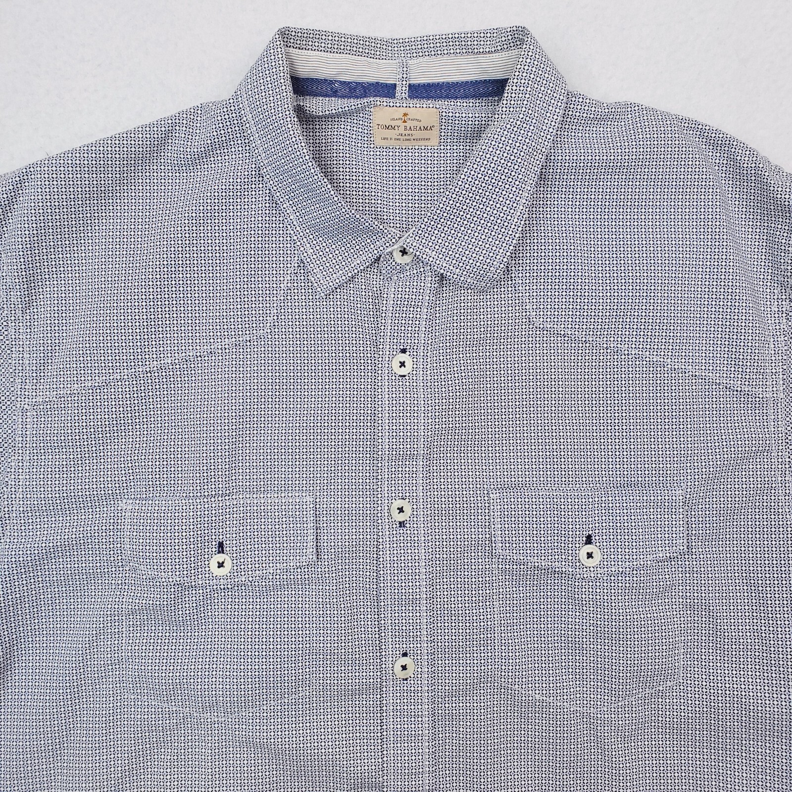 Tommy Bahama Shirt Mens Extra Large Blue Geometric Circular Allover Print Relax