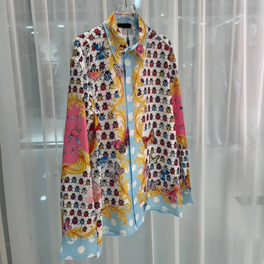 Button Down Shirt Men Fashion Color Mix Print Summer Long Sleeve Casual Shirts