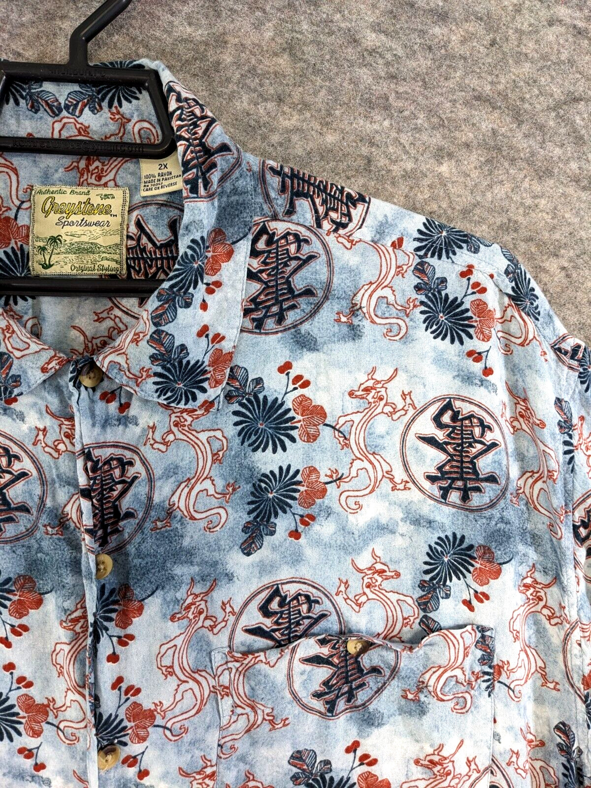 Greystone Sportswear Shirt Mens 2X Blue Red Asian Dragon Print Short Sleeve Camp