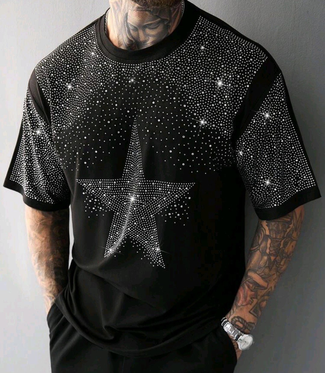 New Men Luxury Diamond Star Rhinestones Fashion Black T-Shirt High Quality