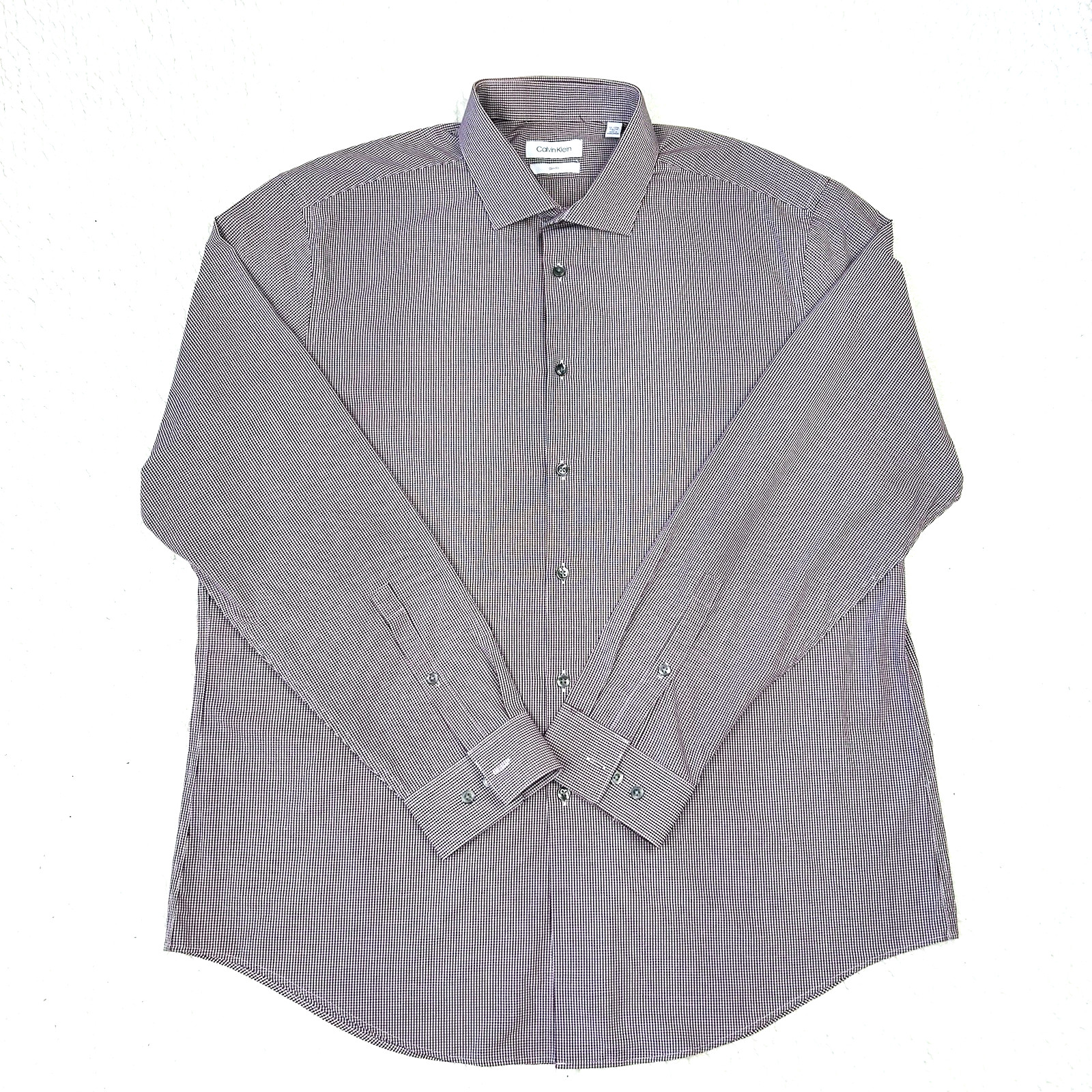 Calvin Klein Dress Shirt Mens Size XL Burgundy White Checker Button Up Slim Fit