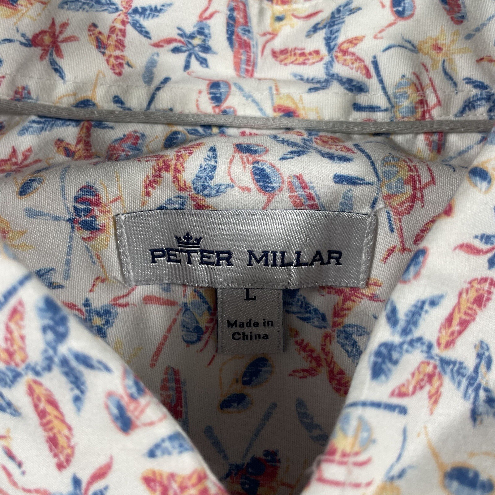 Peter Millar Oahu Stretch S/S Button Front Shirt Helicopter Cars AOP Mens L EUC