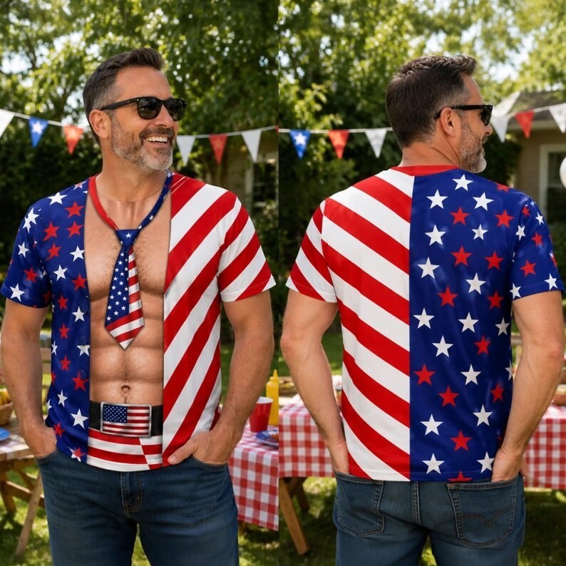 Patriotic USA American Flag Funny Muscle Abs Tie 3D Graphic T-Shirt Mens Party