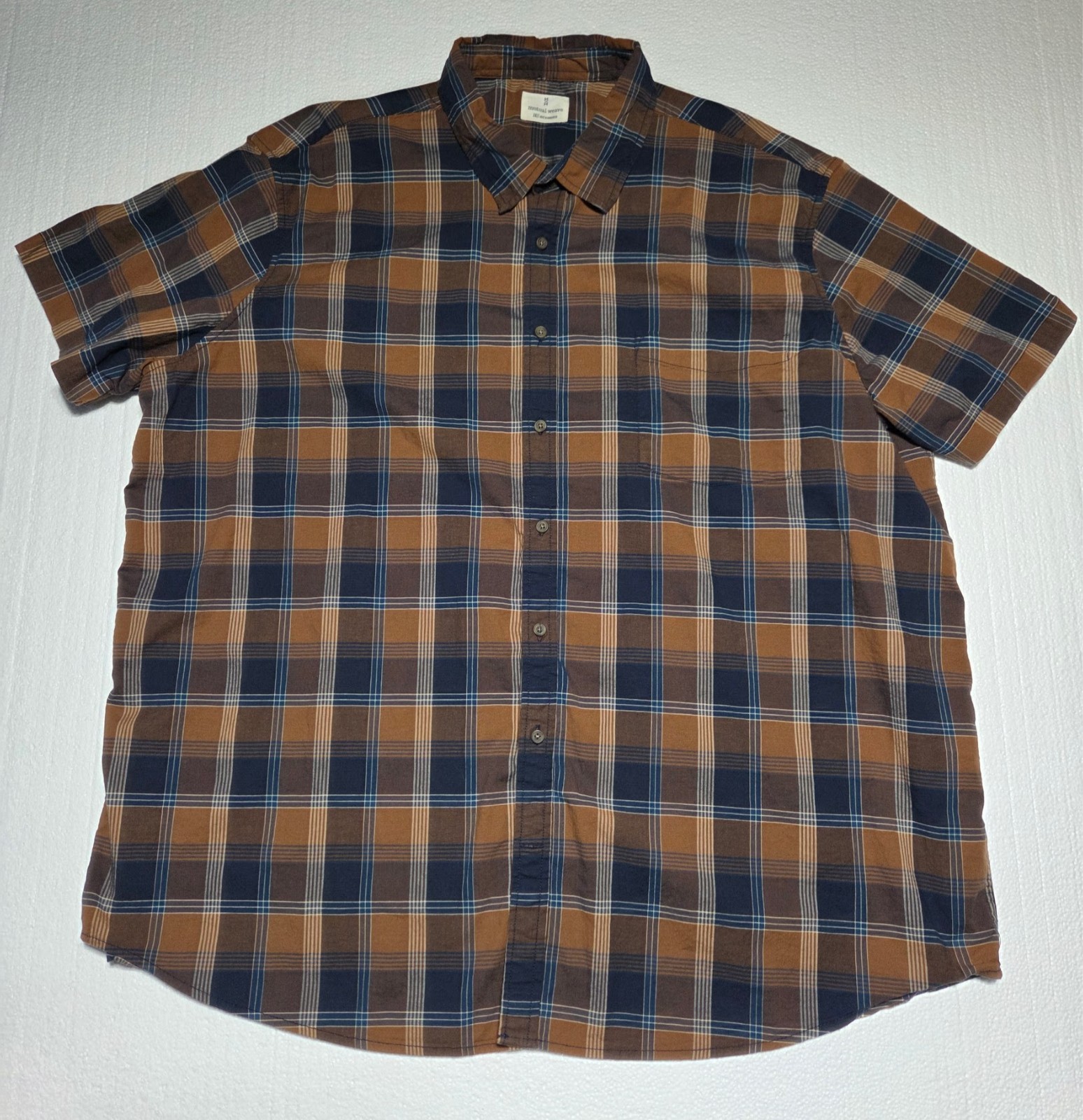 Mutual Weave Button Shirt Men’s 3XLT Tan Blue Plaid Short Sleeve Pocket Stretch