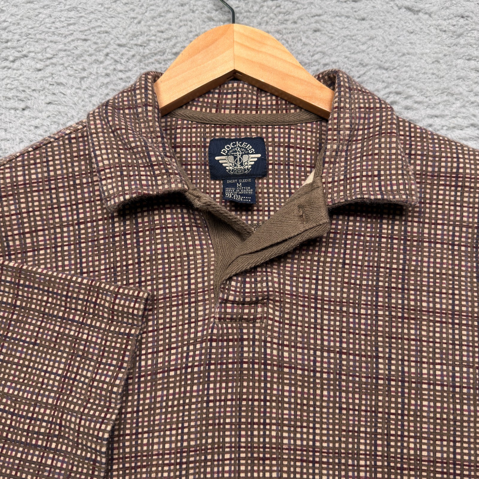 VTG 90s Dockers Levis Polo Shirt Mens Medium Brown Plaid Cotton Short Sleeve