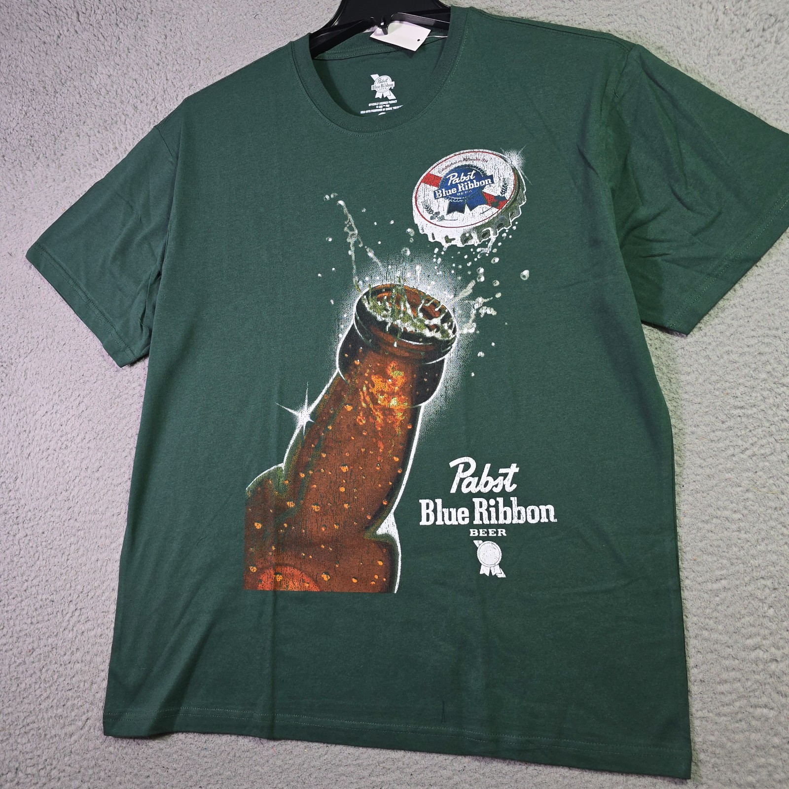PBR Pabst Blue Ribbon Beer Shirt Mens Large Green Casual Distressed Bottle NWT