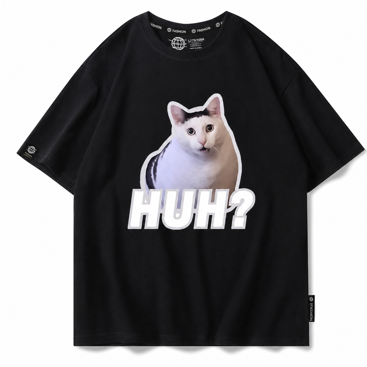 T0003 Funny Huh Cat Graphic Black T-Shirt Unisex One Size Men Women Oversize
