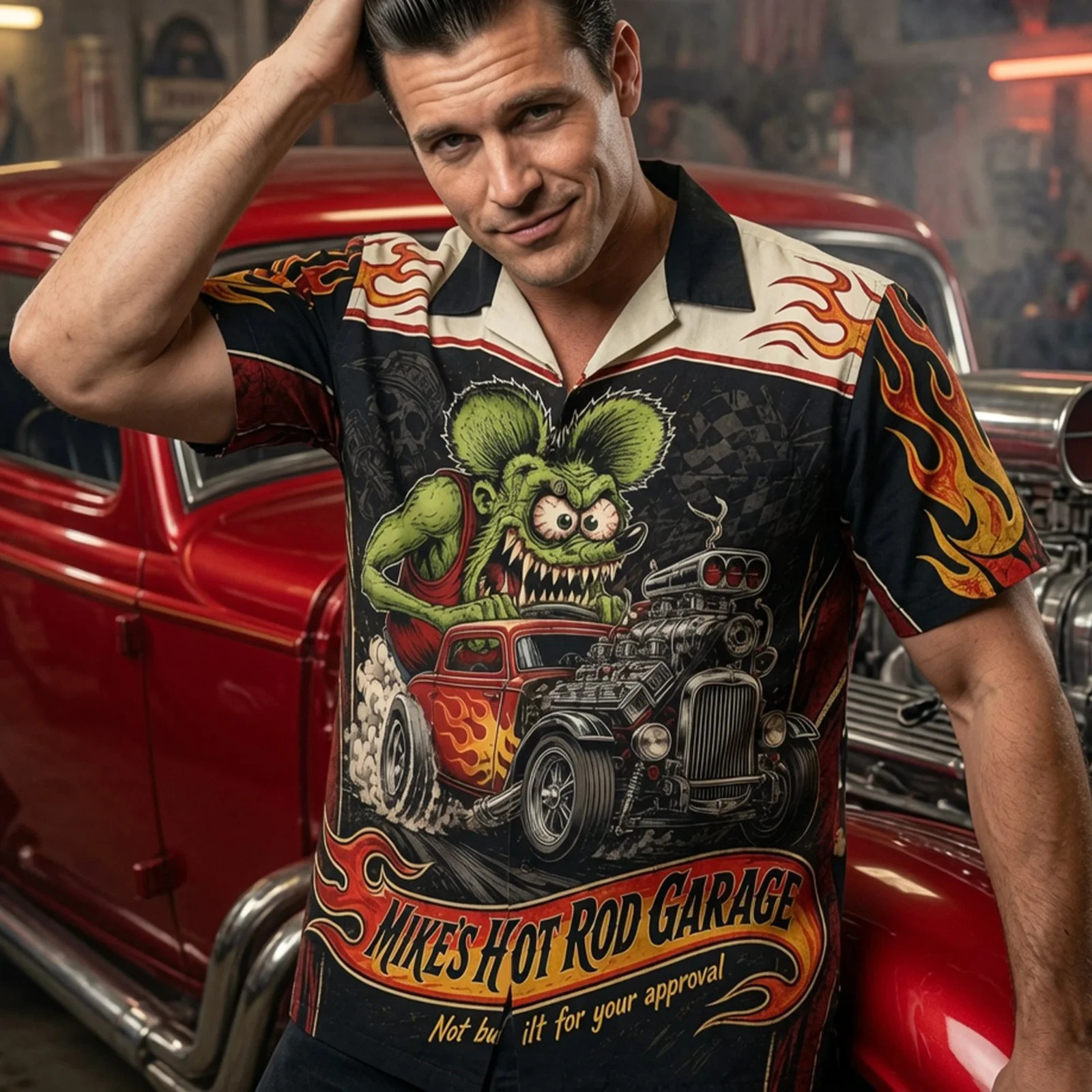 Rat Fink Style Hot Rod Hawaiian Shirt Vintage Bowling Button Down Men’s