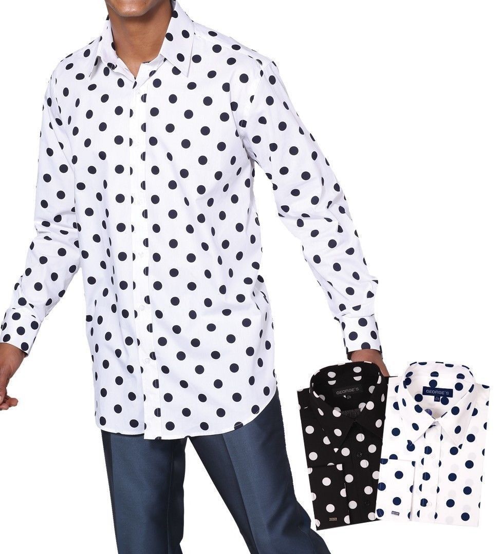 **Men’s 100% Cotton Polka Dot Design Dress Shirt Black/White White/Navy AH616