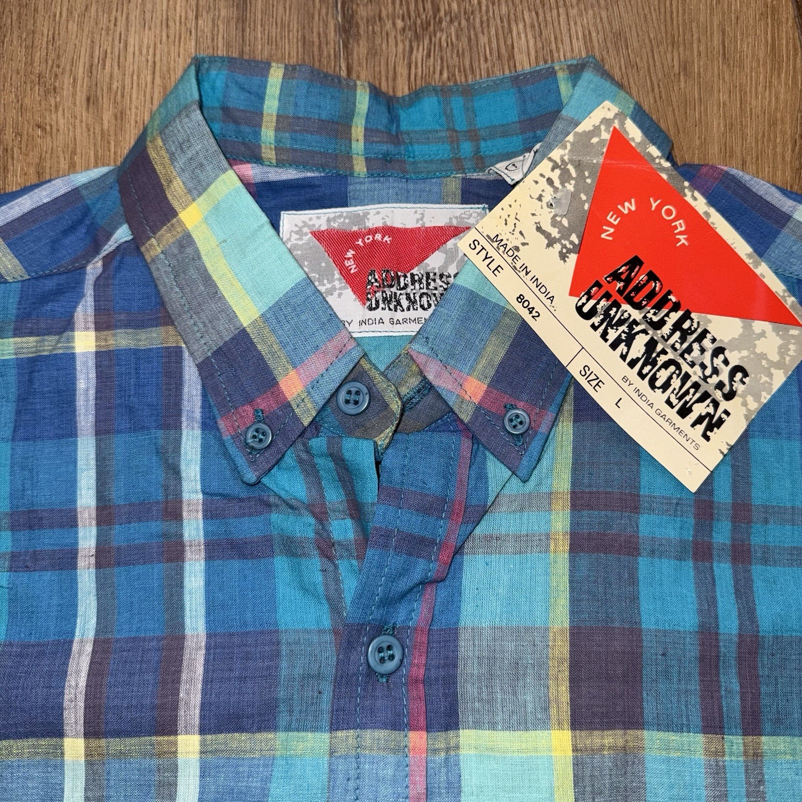 Vtg India Madras Shirt Mens Deadstock Button Up Address Unknown 80s 90s Slim NOS