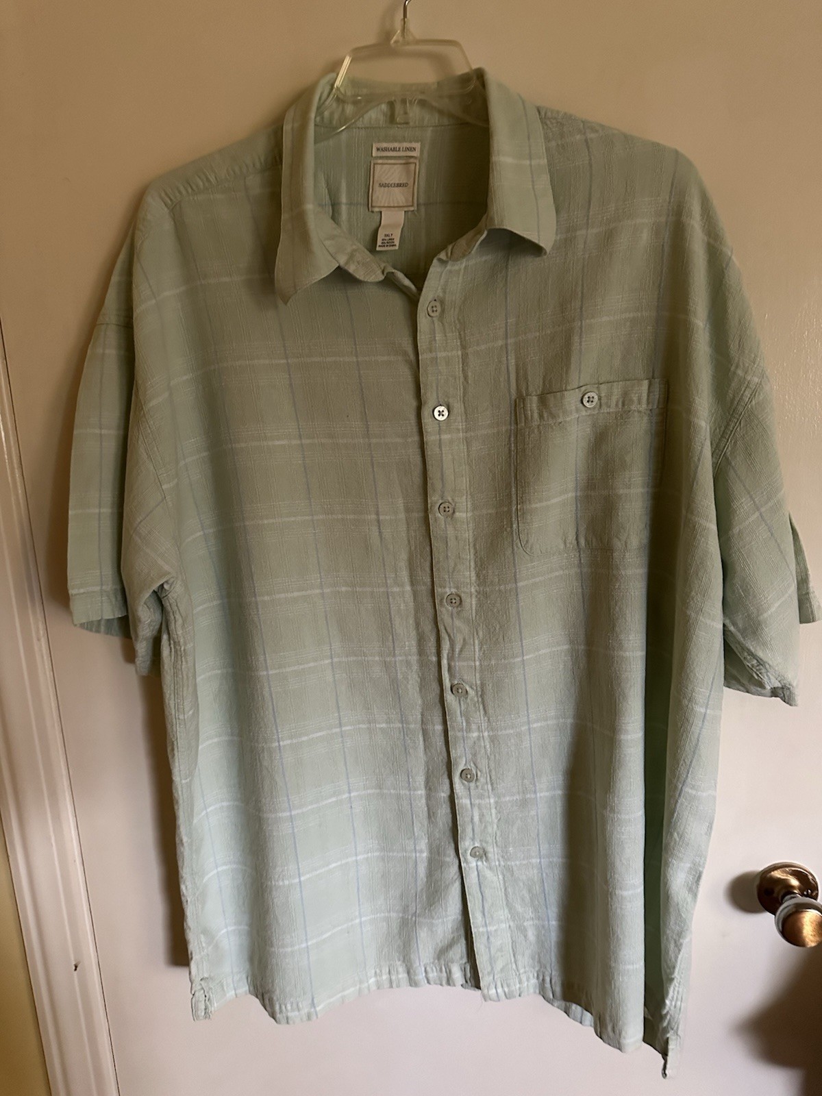 Saddlebred Men’s Shirt SZ 3XLT Washable Linen Blend Lt Green Window Pane SS EC