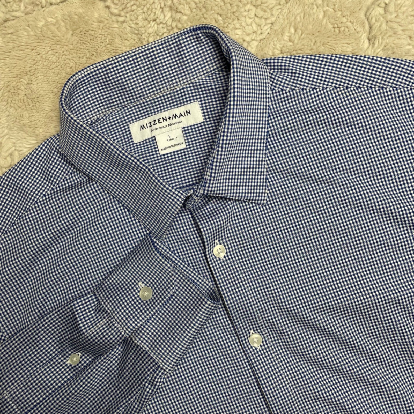 Mizzen+Main Mens Performance Gingham Dress Shirt Blue White Trim Fit Large