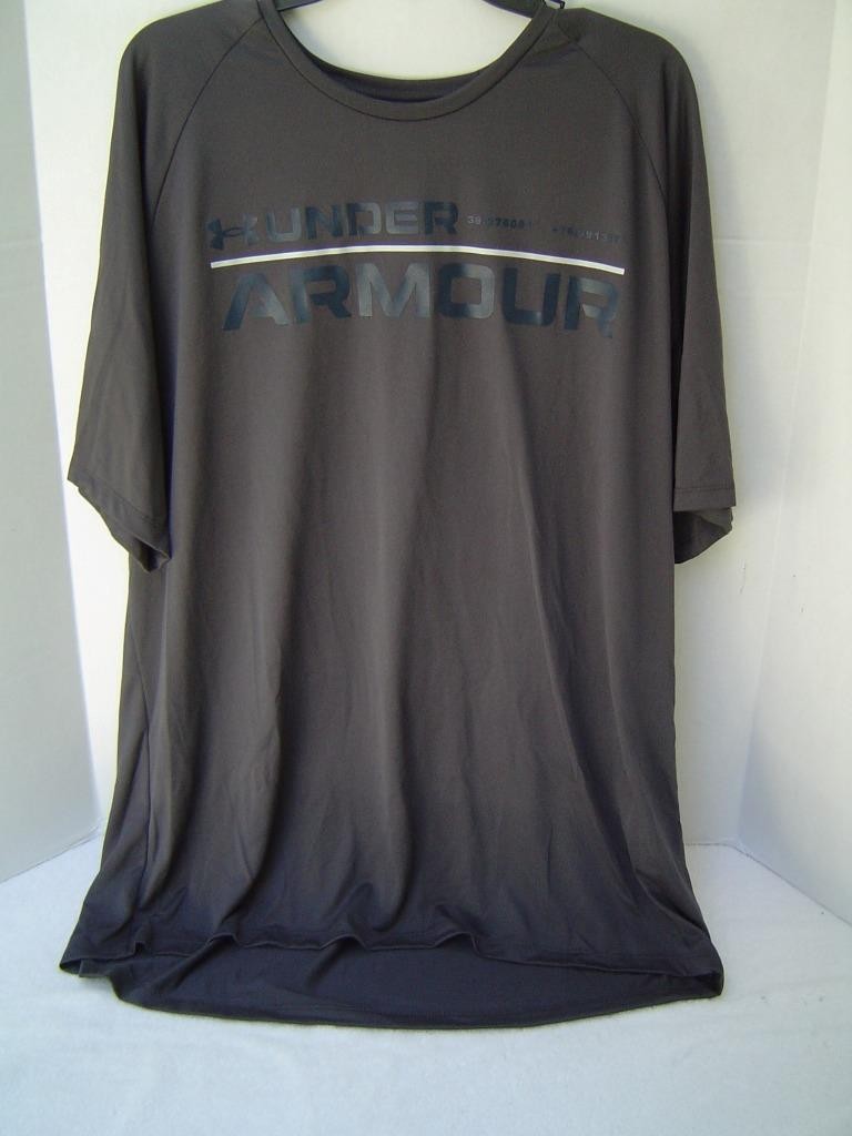 NEW MENS UNDER ARMOUR DARK GRAY LOOSE FIT TECH SHIRT W/BLUE WORDMARK SIZE XL