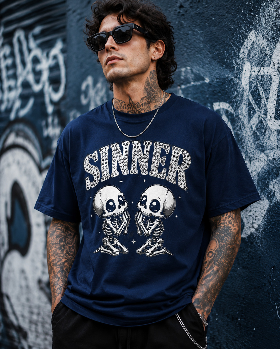 Sinner Skulls Praying Skate & Hip Hop Streetwear T Men’s Big Tall Tee Shirt