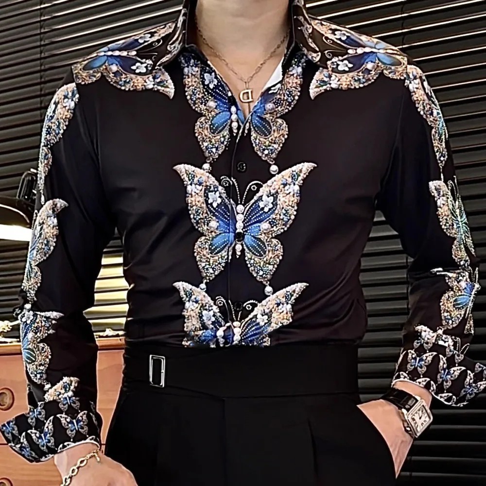 New Luxury Men Diamond Butterfly Rhinestones Button-Down Shirt High Quality